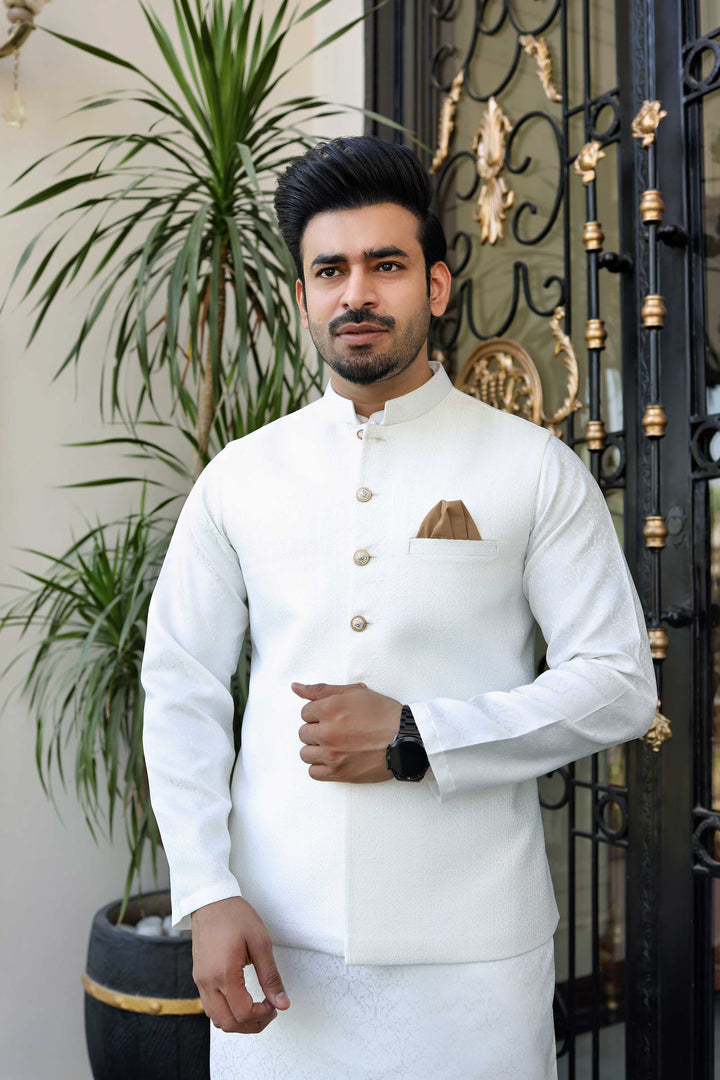 Premium White waistcoat Jamawar Fabric