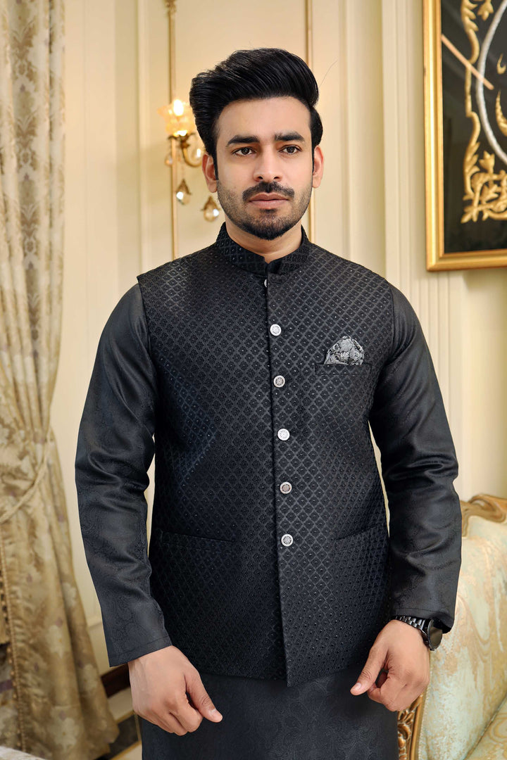 Premium Black waistcoat Jamawar Fabric