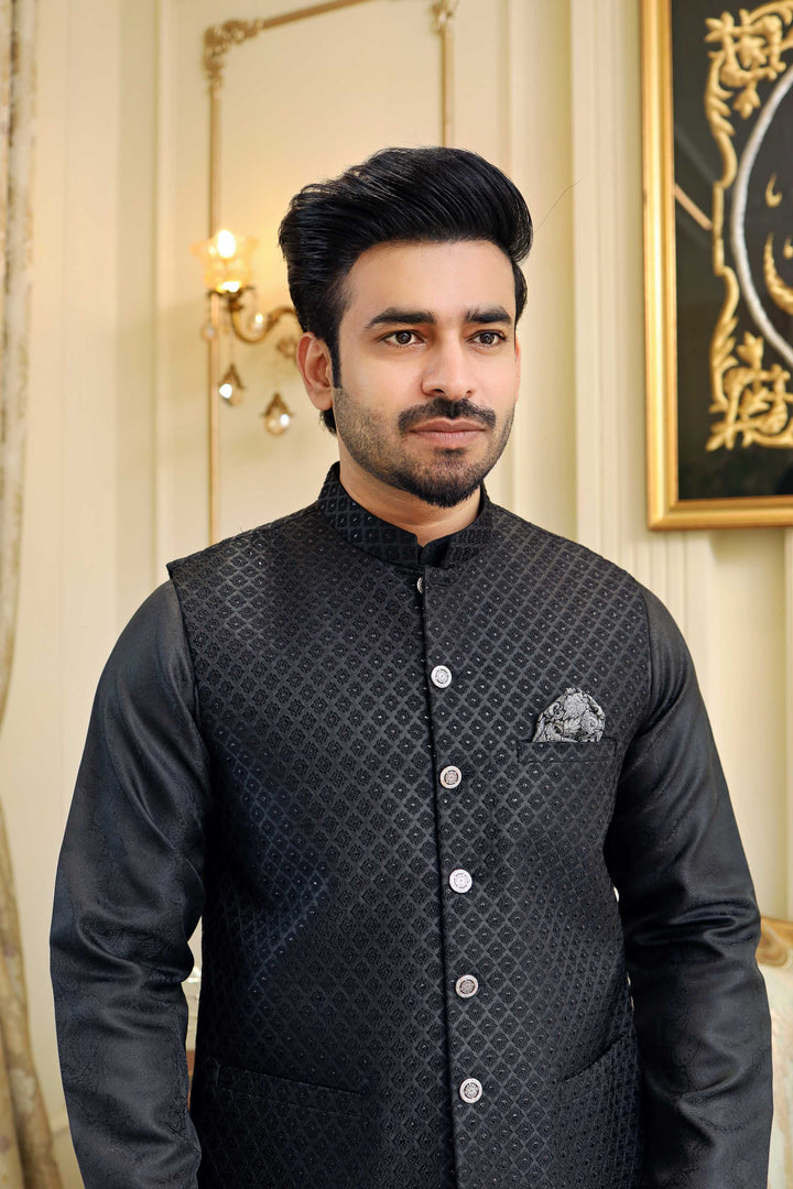 Premium Black waistcoat Jamawar Fabric