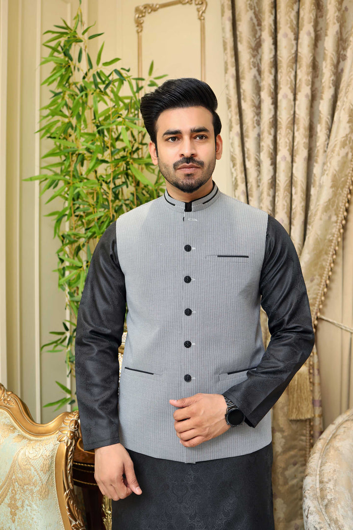 Premium Black Check Waistcoat Jacquard Fabric