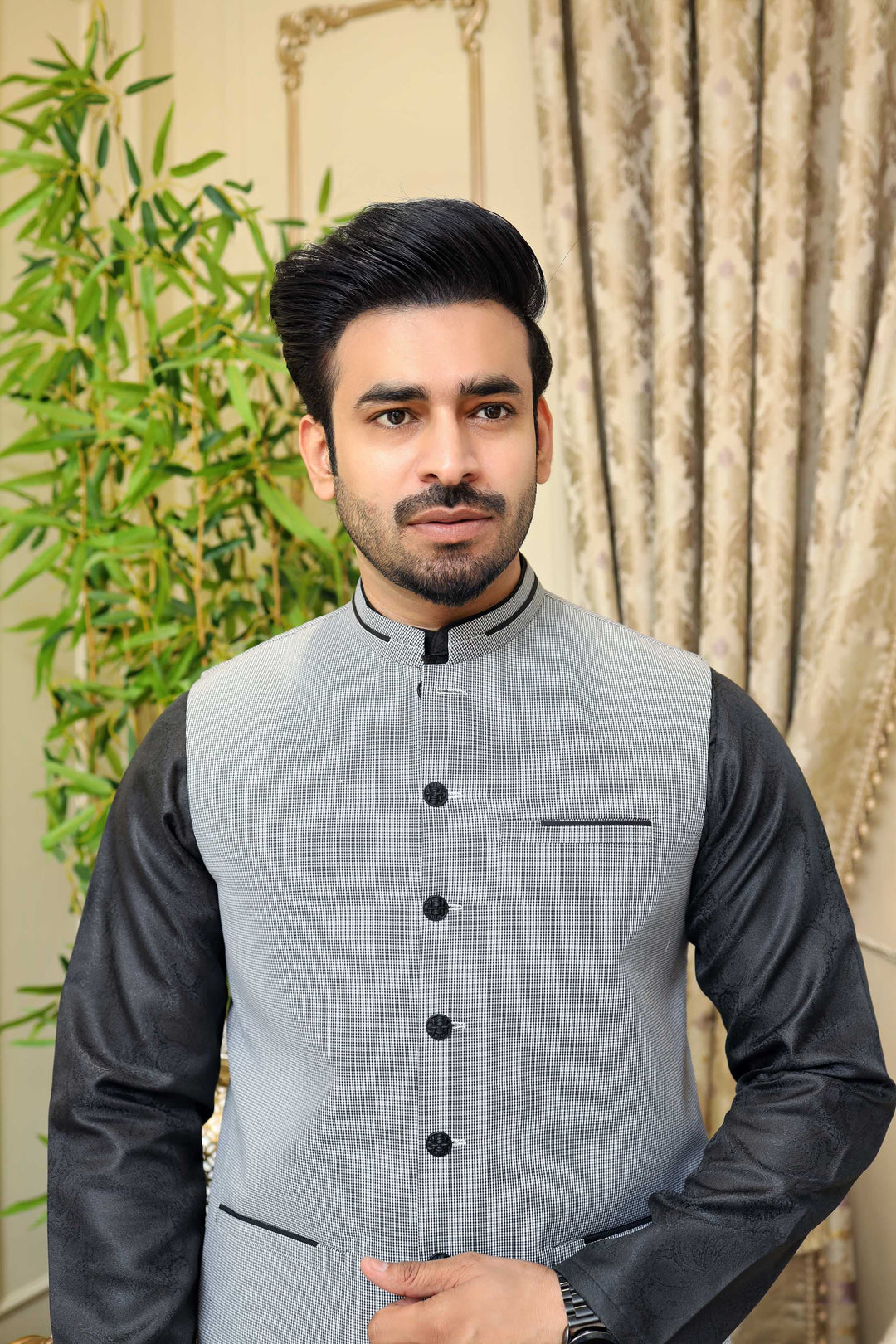 Premium Black Check Waistcoat Jacquard Fabric