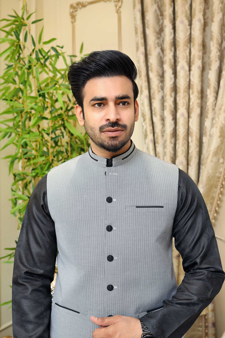 Premium Black Check Waistcoat Jacquard Fabric