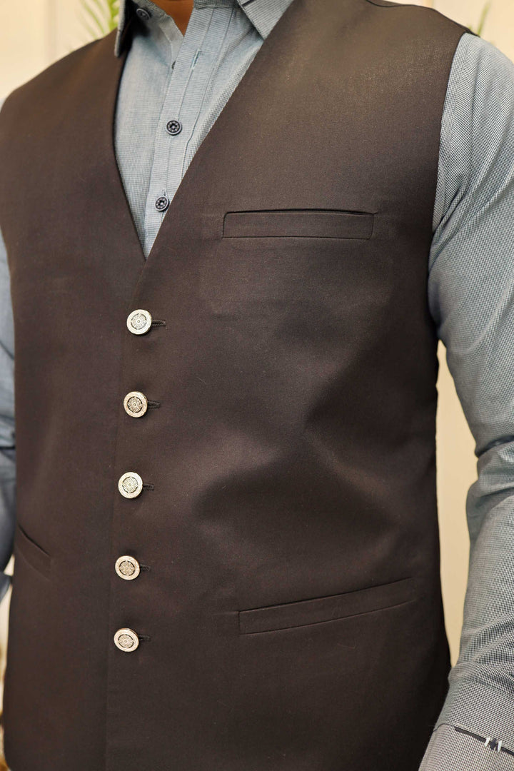 Premium Black V Neck Waistcoat Blended Suiting Fabric