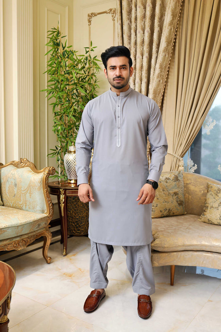 Premium Grey Embroidered Kameez Shalwar Blended Fabric