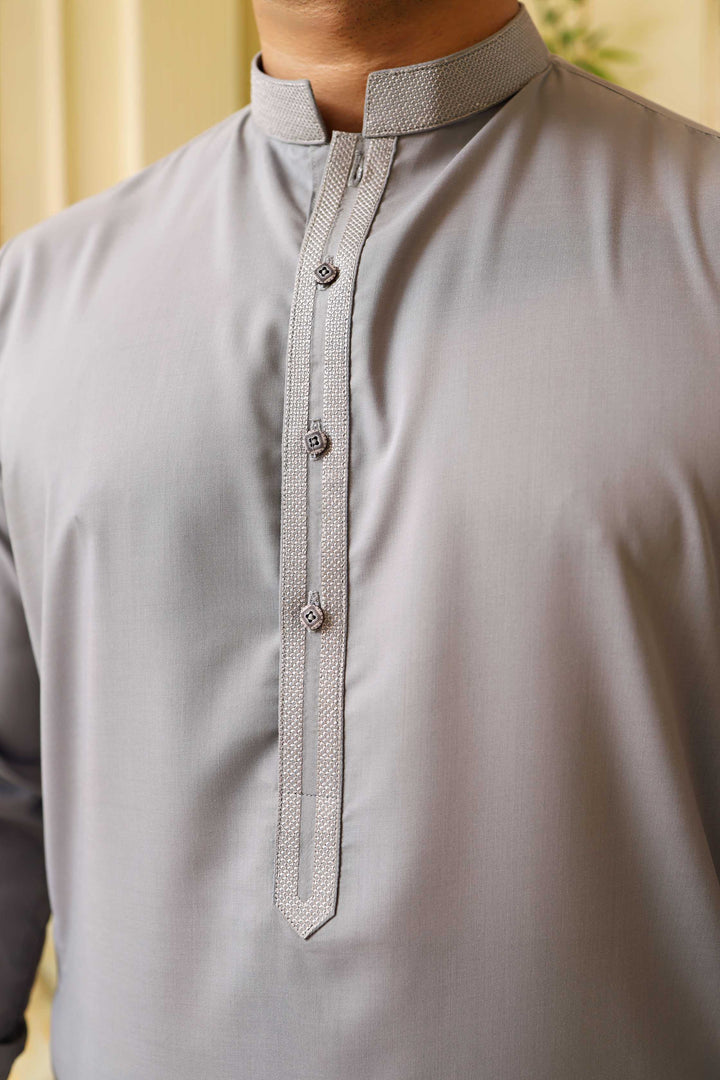 Premium Grey Embroidered Kameez Shalwar Blended Fabric