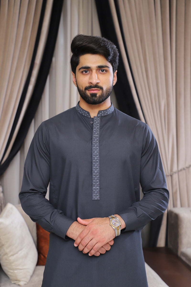 Men’s Charcol Embroidered Shalwar Kameez – Premium Blended Fabric