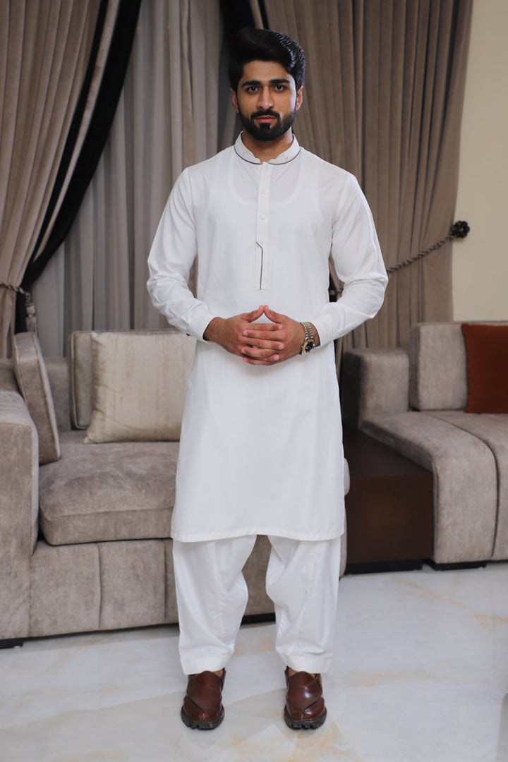 Men’s OFF White Embroidered Shalwar Kameez – Premium Blended Fabric