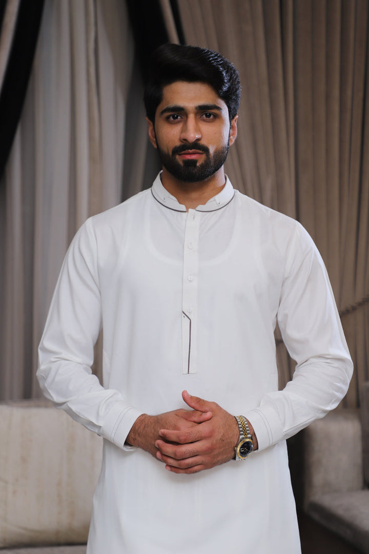 Men’s OFF White Embroidered Shalwar Kameez – Premium Blended Fabric