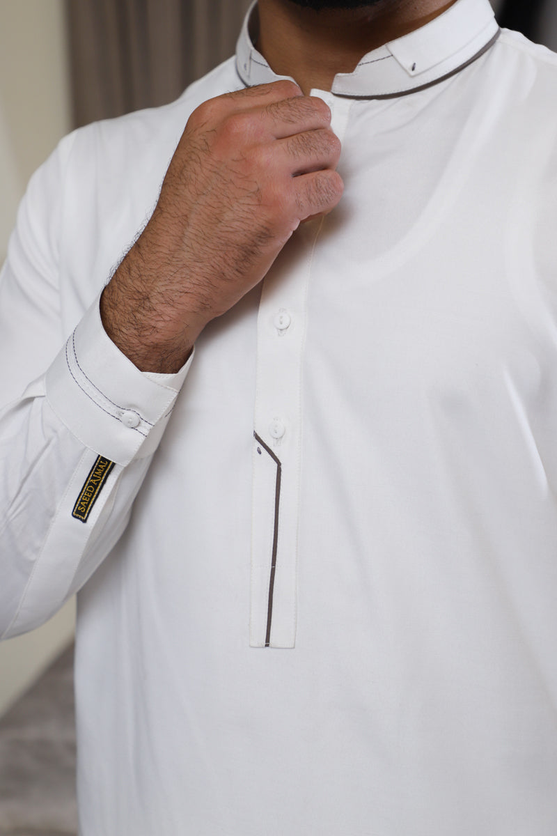 Men’s OFF White Embroidered Shalwar Kameez – Premium Blended Fabric
