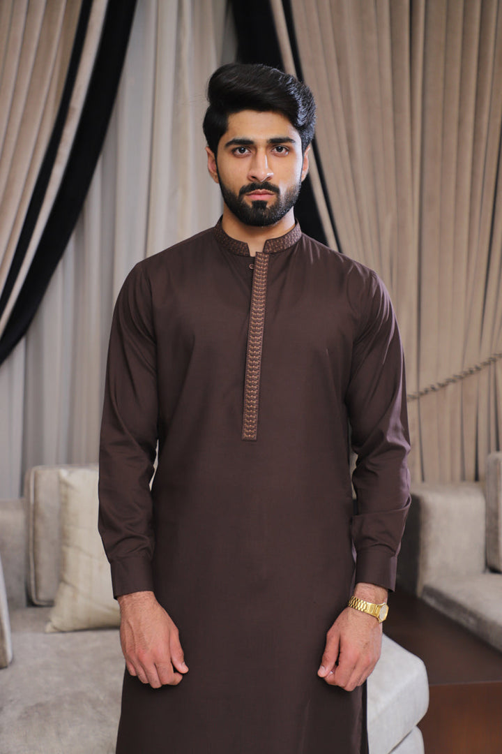 Men’s Brown Embroidered Shalwar Kameez – Premium Blended Fabric