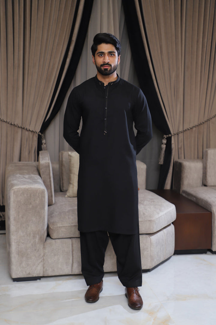 Men’s Noir Black Shalwar Kameez – Premium Blended Fabric