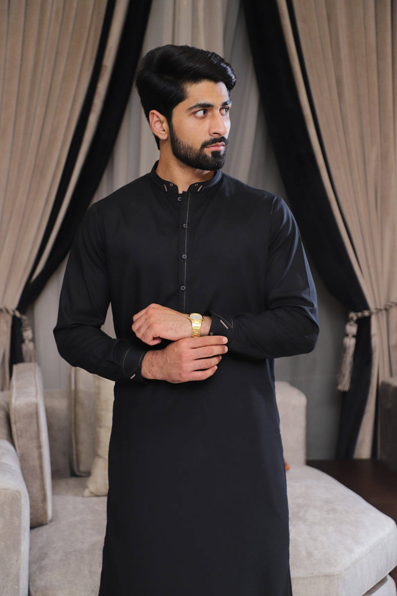 Men’s Noir Black Shalwar Kameez – Premium Blended Fabric