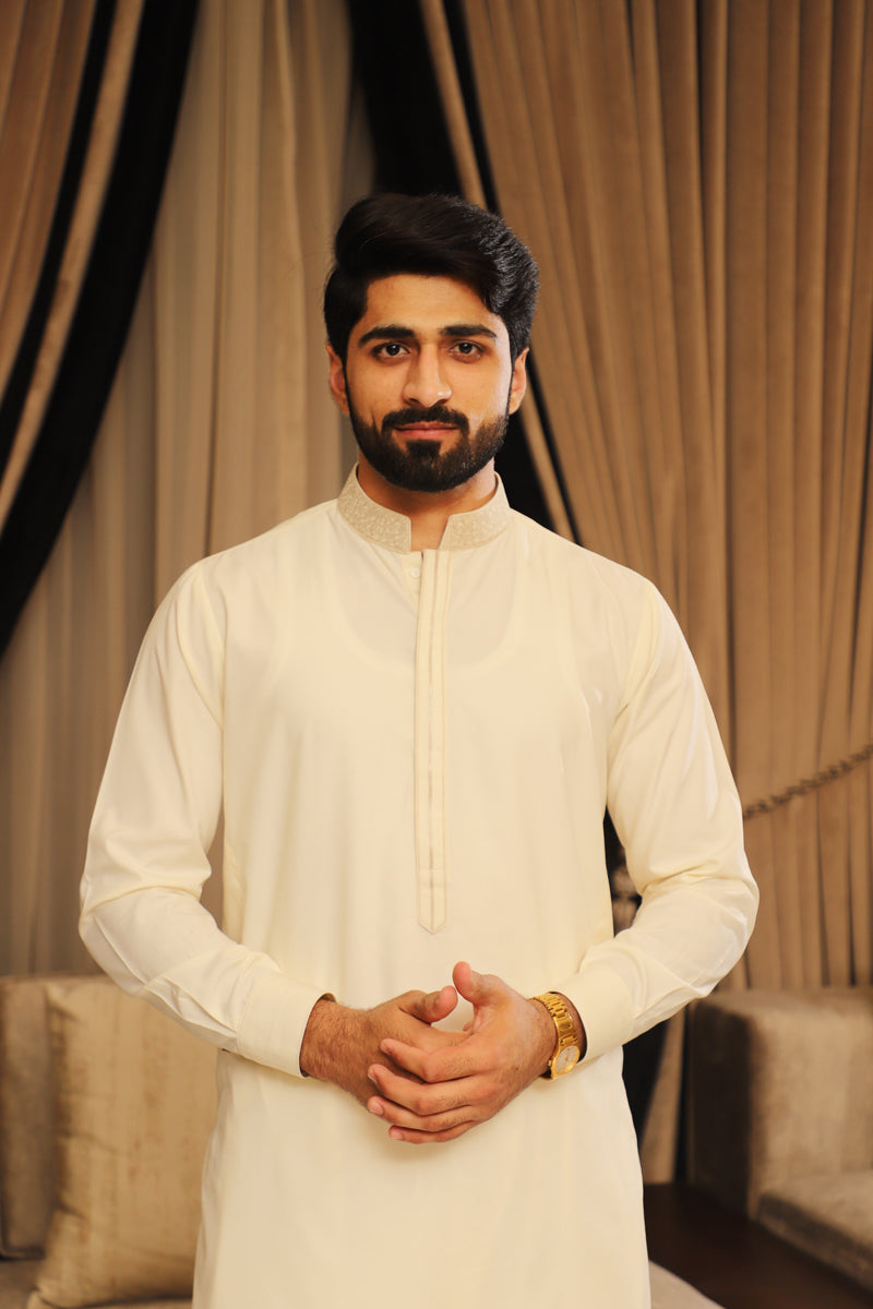 Men’s Cream Embroidered Shalwar Kameez – Premium Blended Fabric