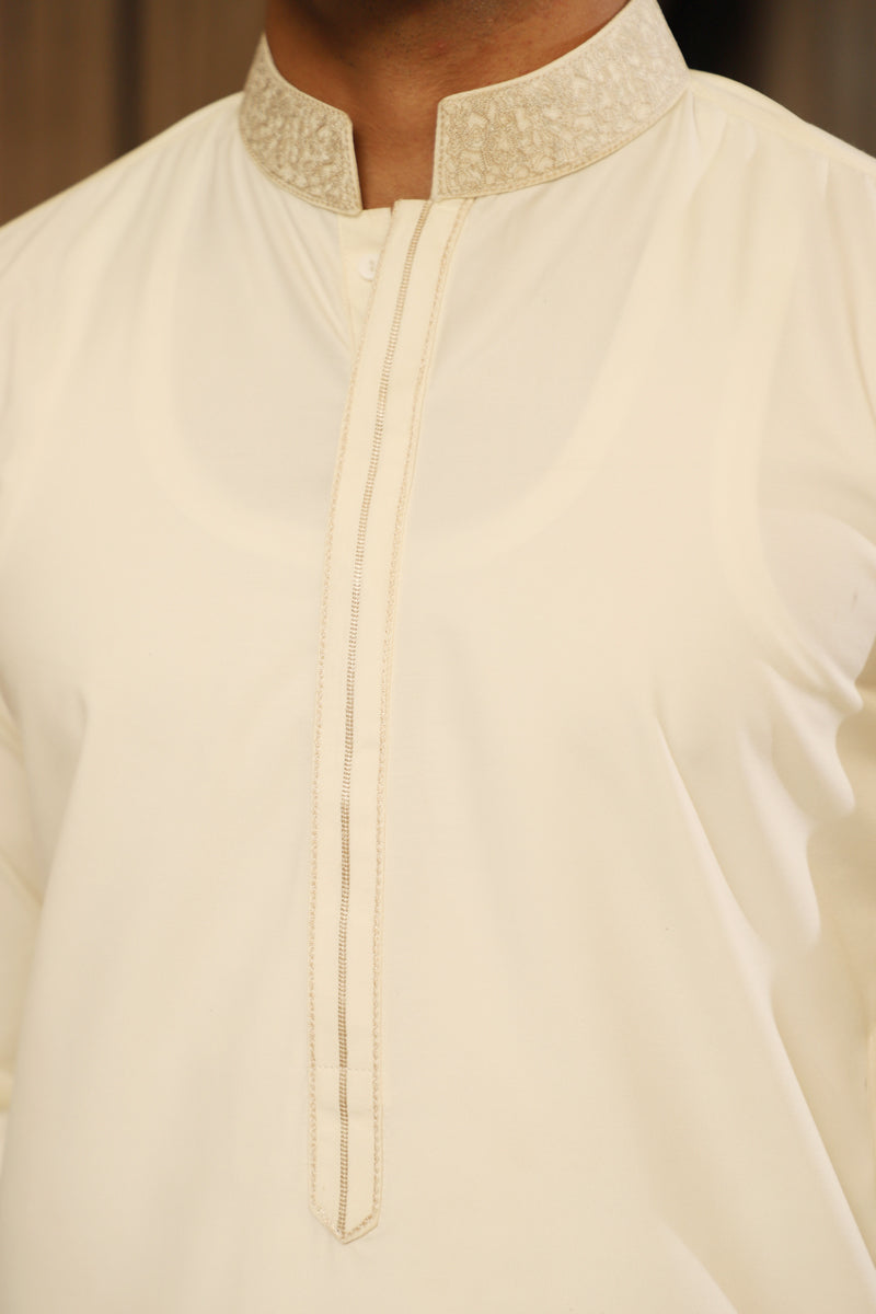 Men’s Cream Embroidered Shalwar Kameez – Premium Blended Fabric
