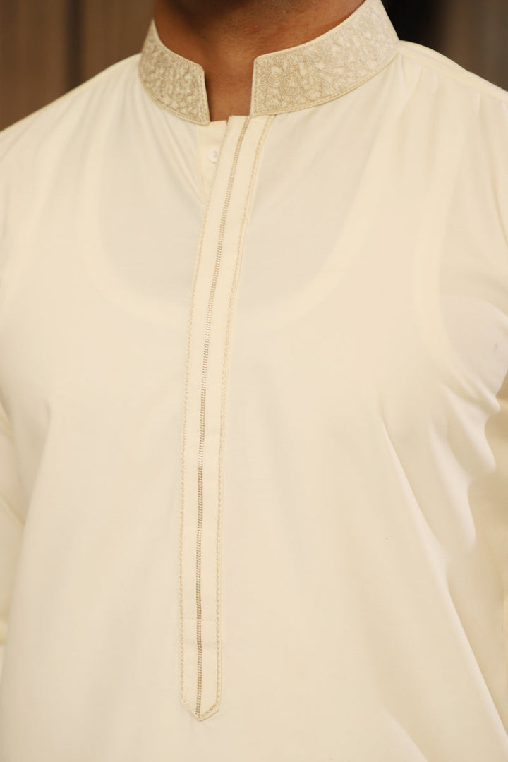 Men’s Cream Embroidered Shalwar Kameez – Premium Blended Fabric
