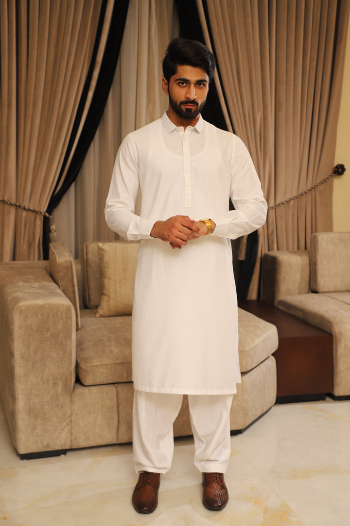 Men’s OFF White Shalwar Kameez – Premium Blended Fabric