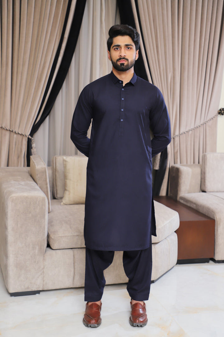 Men’s Classic Navy Blue Shalwar Kameez – Premium Blended Fabric