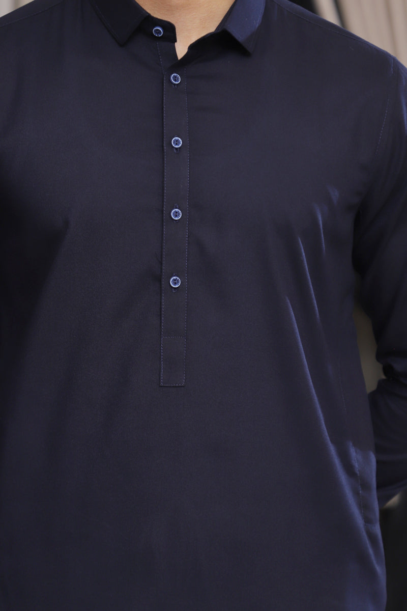 Men’s Classic Navy Blue Shalwar Kameez – Premium Blended Fabric
