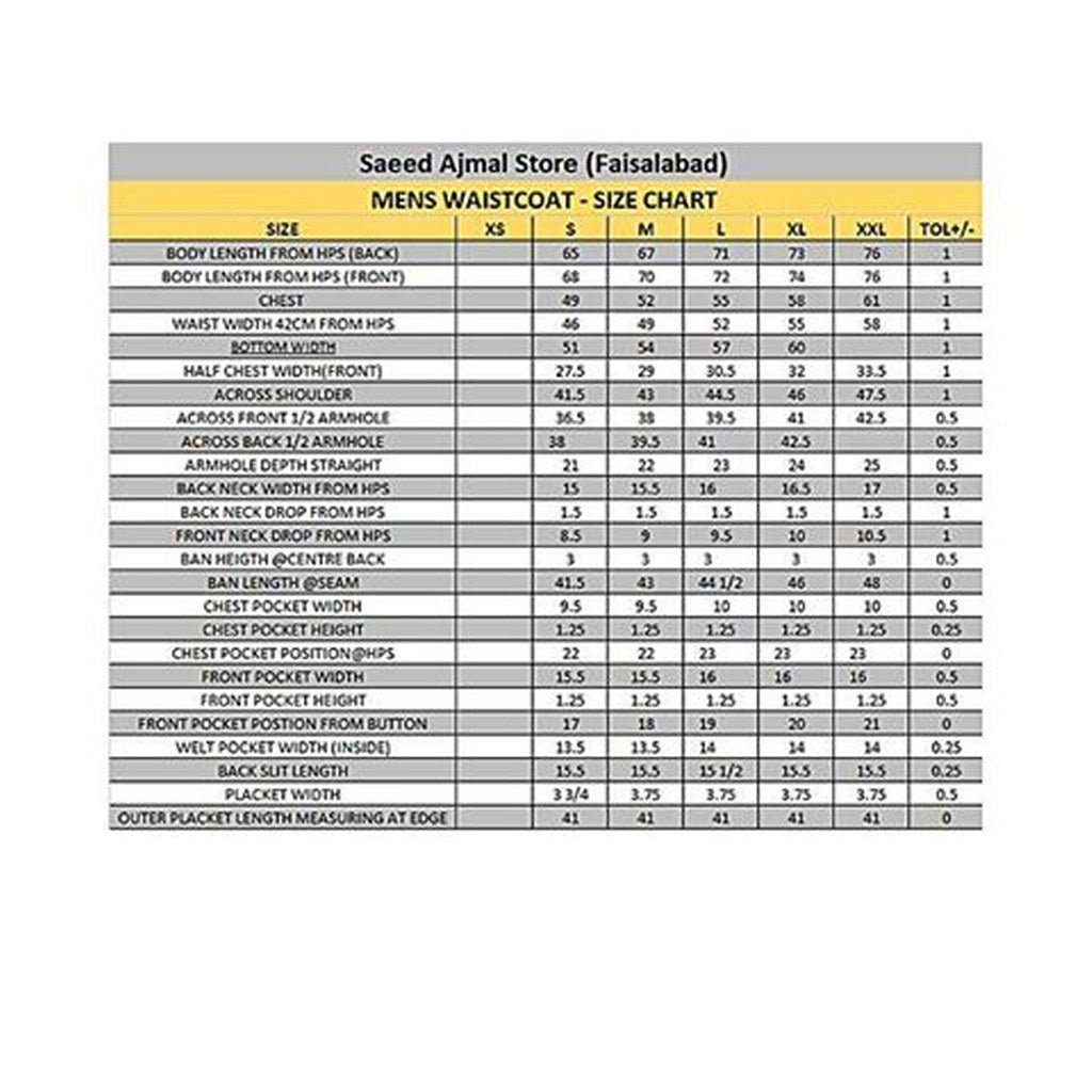 Men Waistcoat Size Chart